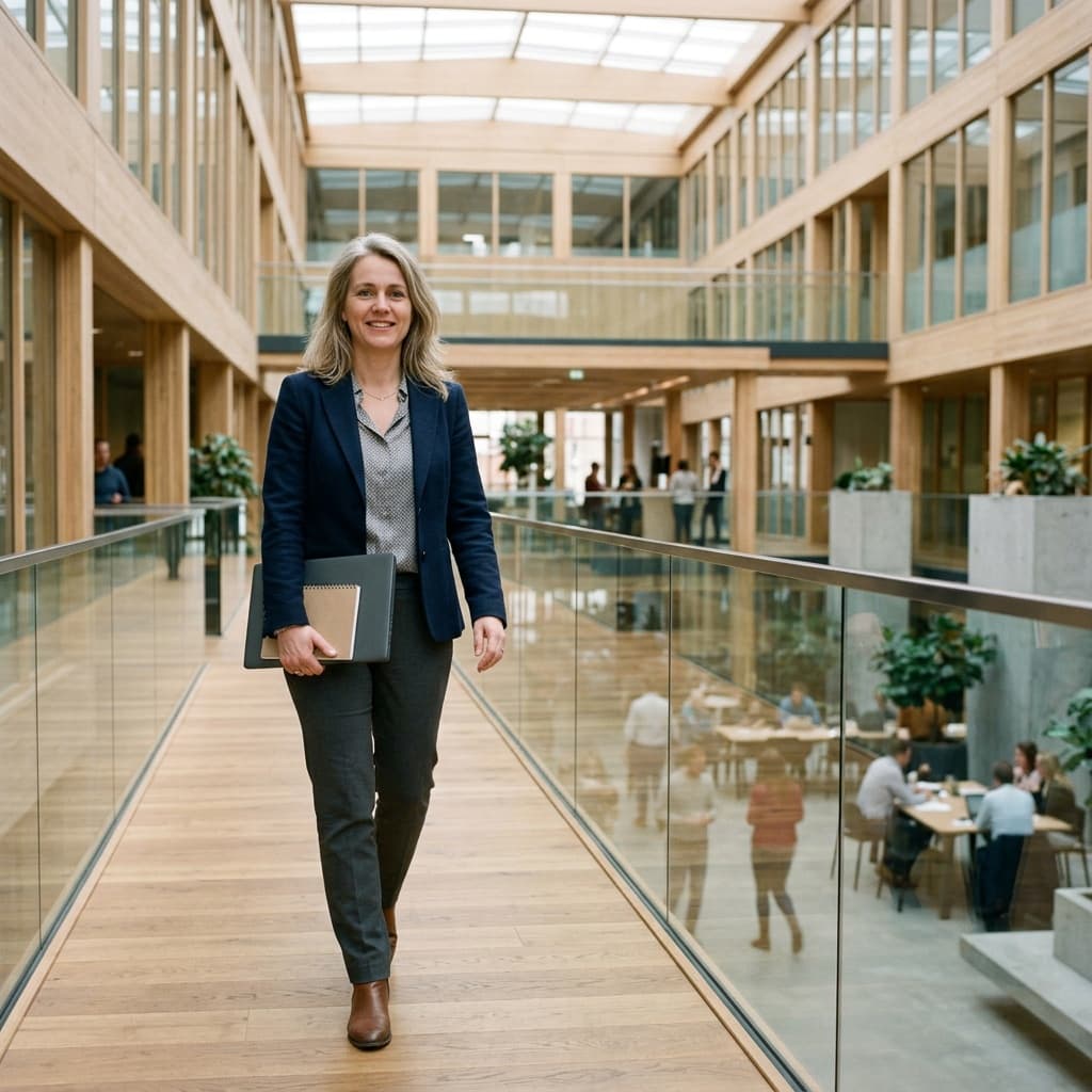 Een ambtenaar loopt met laptop en notitieboek door het atrium van een provinciehuis