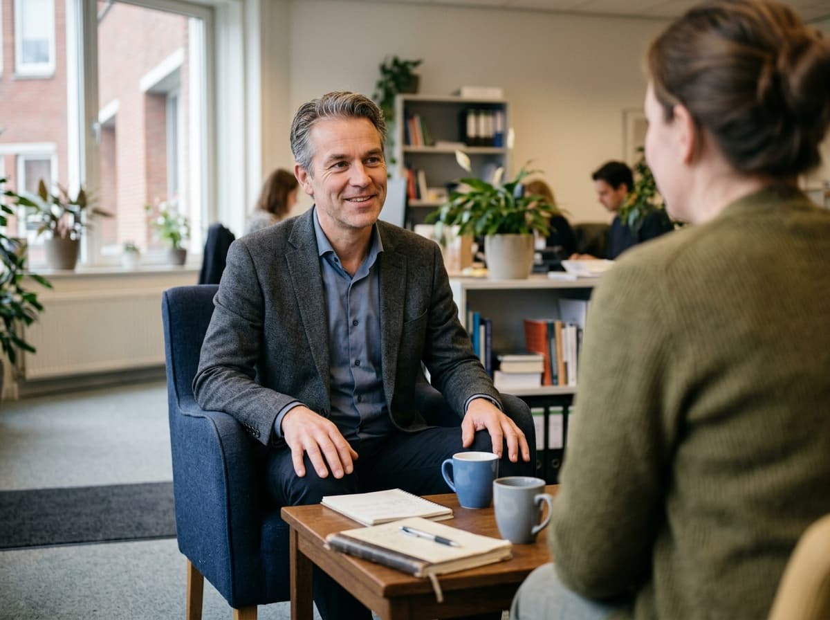 Twee mensen in een persoonlijk gesprek aan een tafel bij het raam